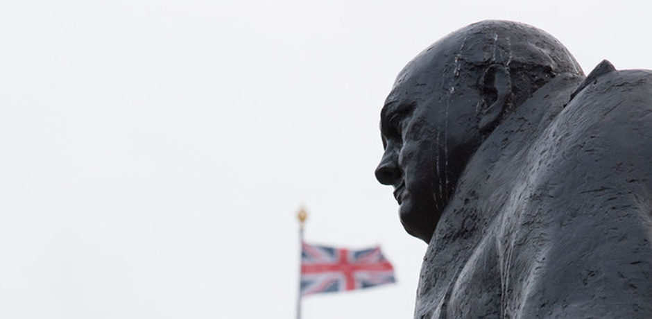 The bronze statue of Winston Churchill by Ivor Roberts-Jones in Parliament Square.